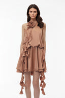 Maryse Camel Halterneck Ruched Mini Dress with 3D Florals