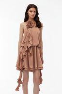 Maryse Camel Halterneck Ruched Mini Dress with 3D Florals