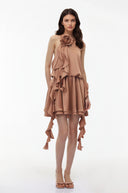 Maryse Camel Halterneck Ruched Mini Dress with 3D Florals