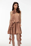 Maryse Camel Halterneck Ruched Mini Dress with 3D Florals