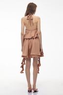 Maryse Camel Halterneck Ruched Mini Dress with 3D Florals