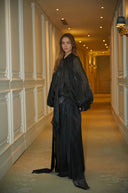 Sienna Rae Satin Pleat Maxi Dress in Black