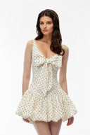 Jacqueline Cream Polka Dot Puffball Mini Dress with Bow