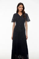 Corinne Black Sequin Floral Lace Maxi Dress