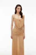 Martine Neutral Draped Ruched Maxi Dress
