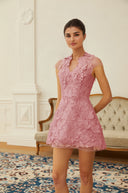 Nanna Pink Floral Applique V-Neck Mini Dress