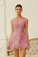 Nanna Pink Floral Applique V-Neck Mini Dress