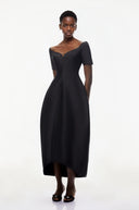 Hermione Black Plunge Neck Asymmetrical Midi Dress