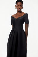 Hermione Black Plunge Neck Asymmetrical Midi Dress