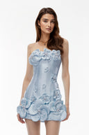Reine Blue Off Shoulder Mini Dress with 3D Petals