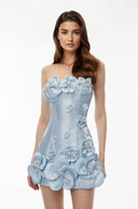 Reine Blue Off Shoulder Mini Dress with 3D Petals