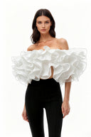 Lotta White Pleated Ruffled Organza Top