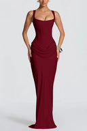 Quiana Red Ruched Corset Maxi Dress
