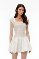 Kailani White Square Neck Mini Dress with Lace Panels