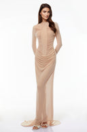 Maxellende Nude Ruched Maxi Dress with Asymmetrical Hem