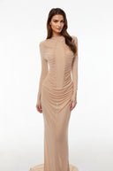 Maxellende Nude Ruched Maxi Dress with Asymmetrical Hem