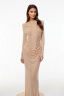 Maxellende Nude Ruched Maxi Dress with Asymmetrical Hem