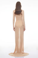 Maxellende Nude Ruched Maxi Dress with Asymmetrical Hem