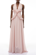 Thibaulte Pink Halterneck Backless Ruffled Maxi Dress