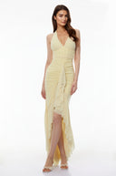 Fernande Butter Yellow Halterneck Ruched Maxi Dress