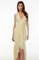 Fernande Butter Yellow Halterneck Ruched Maxi Dress