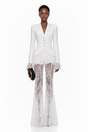 Cécile White Lace Trim Blazer & Sheer Lace Trouser Set