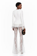 Cécile White Lace Trim Blazer & Sheer Lace Trouser Set