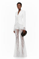 Cécile White Lace Trim Blazer & Sheer Lace Trouser Set