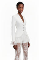 Cécile White Lace Trim Blazer & Sheer Lace Trouser Set