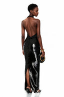 Narcisse Black Plunge Neck Halterneck Sequin Maxi Dress