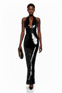 Narcisse Black Plunge Neck Halterneck Sequin Maxi Dress