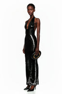 Narcisse Black Plunge Neck Halterneck Sequin Maxi Dress