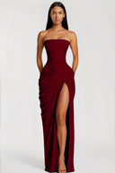 Kaylin Burgundy Ruched Maxi Dress with Cross Front