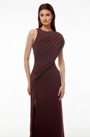 Mildred Chocolate Brown One Shoulder Ruched Maxi Dress