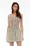 Sheleen Green Ruched Mini Dress with Mesh Panels