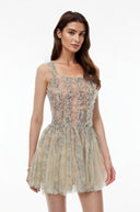 Sheleen Green Ruched Mini Dress with Mesh Panels