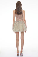 Sheleen Green Ruched Mini Dress with Mesh Panels