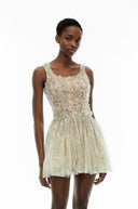 Sheleen Green Ruched Mini Dress with Mesh Panels