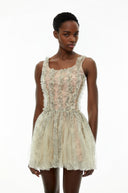 Sheleen Green Ruched Mini Dress with Mesh Panels