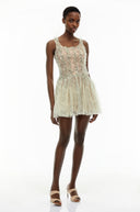 Sheleen Green Ruched Mini Dress with Mesh Panels