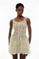 Sheleen Green Ruched Mini Dress with Mesh Panels
