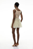 Sheleen Green Ruched Mini Dress with Mesh Panels