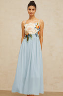 Roseline floral-embroidered shirred maxi dress in Blue