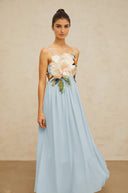 Roseline floral-embroidered shirred maxi dress in Blue