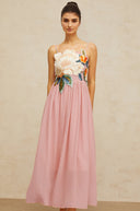 Roseline floral-embroidered shirred maxi dress in Pink