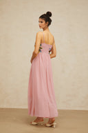 Roseline floral-embroidered shirred maxi dress in Pink