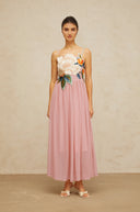 Roseline floral-embroidered shirred maxi dress in Pink