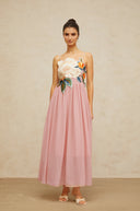 Roseline floral-embroidered shirred maxi dress in Pink