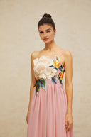 Roseline floral-embroidered shirred maxi dress in Pink