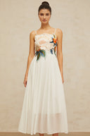 Roseline floral-embroidered shirred maxi dress in White